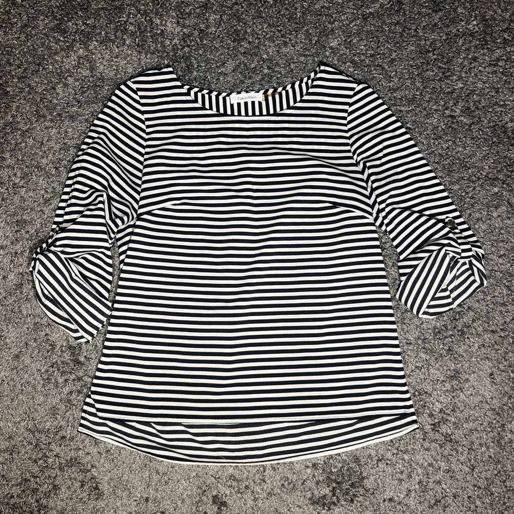 Calvin Klein Black White Striped Three-Quarter Rolled Tab Sleeves Small